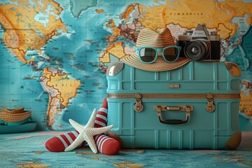 A blue suitcase with sunglasses, hat and camera on top of it