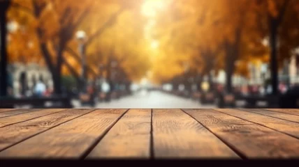Foto auf Acrylglas The empty wooden table top with blur background of European street in autumn. Exuberant image. generative AI © Summit Art Creations