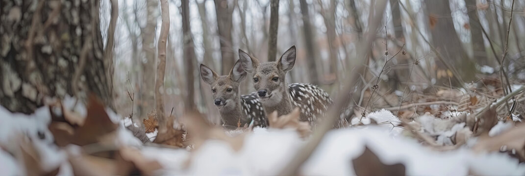 Two deer are standing in the snow, one of which is looking at the camera