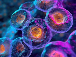 A close-up view of embryonic stem cells as seen through a microscope. This detailed visualization highlights the process of cell propagation and is a representation of cell therapy. - obrazy, fototapety, plakaty