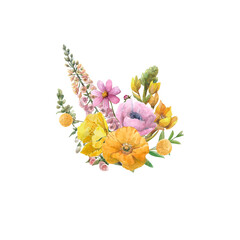 Watercolor floral arrangement with summer wild pink and yellow flowers.