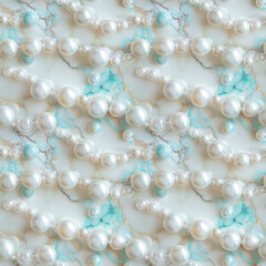 Abstract marble texture with turquoise beads and natural pearls. Seamless background.