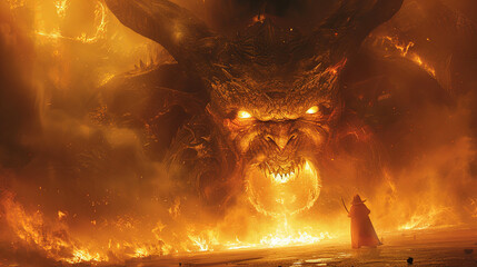 A large dragon is surrounded by fire and a man is standing in front of it