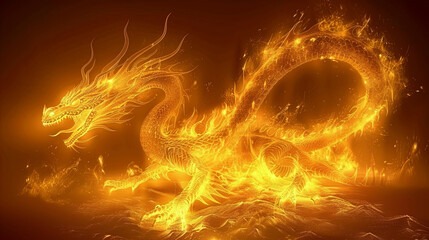 A large, fiery dragon is depicted in the image, with its tail trailing behind it