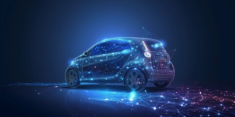 Smart car isometric hologram, in HUD style. Electric auto. Hologram car in low poly style, wireframe in line in the form of a starry sky or space. Smart auto.