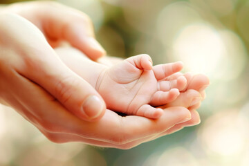 Close up of father holding hand of little daughter on lawn, relaxing and enjoying family bonding time on a lovely day in park. Family love and care. Connection with nature concept