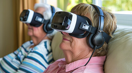 Two women are wearing virtual reality headsets and smiling
