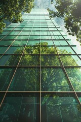 A tall glass building surrounded by lush green trees, reflecting the surrounding nature and creating an eco-friendly atmosphere. A low angle shot captures its towering presence from below