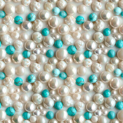 Abstract background with large turquoise beads and natural pearls. Seamless background.