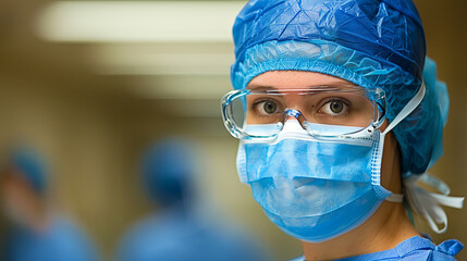 A woman in a blue surgical outfit is wearing a mask and a blue cap