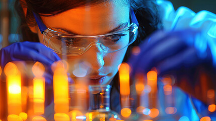 A woman wearing a lab coat and goggles is looking at a beaker of liquid