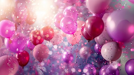 festive background of pink balloons and confetti, copy space
