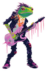 PNG  A cartoon Punk Frog with guitar representation performance publication. AI generated Image by rawpixel.