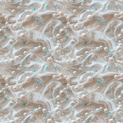 Abstract delicate background with pearl beads and turquoise stones.. Imitation of crinkled fabric. Seamless background.