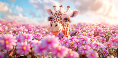 3D cartoon, happy giraffe among the flowers with pink clouds and sky, adorable eyes, lovely pastel...