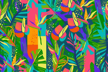 Seamless pattern with tropical flowers, leaves and abstract elements. Colorful bright summer pattern. Monstera, palm, croton leaves, anthurium flowers, strelitzia. Modern exotic jungle. Vector. - obrazy, fototapety, plakaty