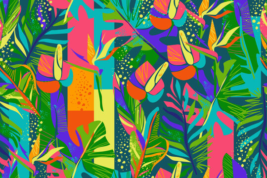 Seamless pattern with tropical flowers, leaves and abstract elements. Colorful bright summer pattern. Monstera, palm, croton leaves, anthurium flowers, strelitzia. Modern exotic jungle. Vector.