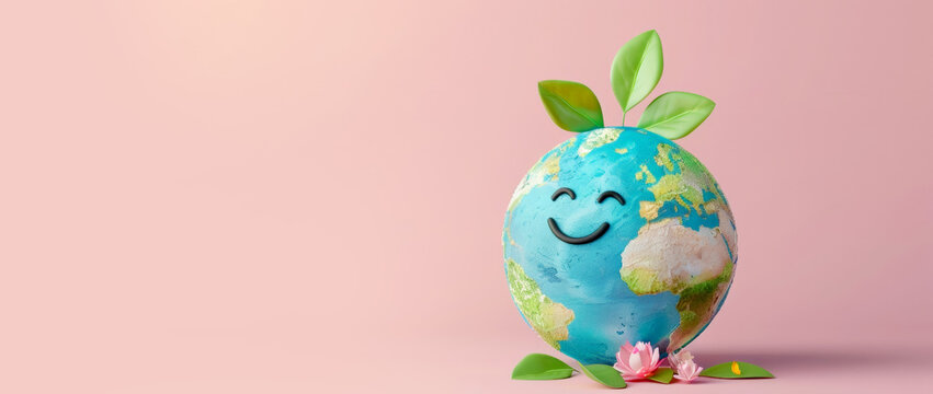 3d cute earth with smile and leaf on top, pastel color background for world environment day concept banner design, copy space area