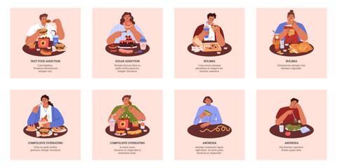 Vector set of characters with eating disorders. Compulsive overeating, bulimia and anorexia.