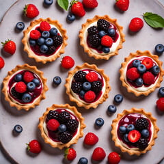 Healthy summer pastry dessert. Berry tartlets or cake with cream cheese top view. - obrazy, fototapety, plakaty