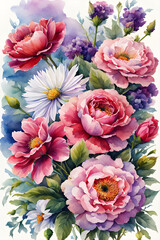Watercolor bouquet of pink flowers