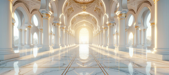3D rendering of a white mosque with golden arches at sunset, under a clear sky, with a symmetrical composition, soft lighting