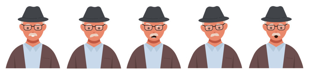 Various emotion and face expression grandfather with glasses. Character with different feelings. Angry, happy, crying, worried. Grandfather with various emotions. Colored flat vector illustration