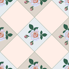Vector floral pattern, seamless for kitchen tablecloth design, pink rose flowers on a checkered diagonal background in pastel colors