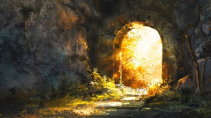 Resurrection morning followers find the empty tomb portrayed in a digital watercolor painting with light streaming into the darkness