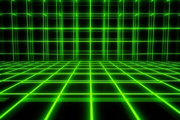Green, neon, glowing, three-dimensional checkered background