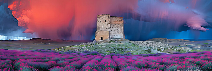 A beautiful purple field with a castle in the background - obrazy, fototapety, plakaty