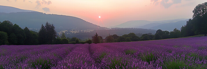 A field of purple flowers with a sunset in the background