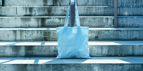A blank pastel blue tote bag hanging from the handrail of concrete stairs, soft shadows