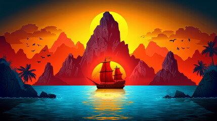 A red ship sails in the ocean in front of a sunset