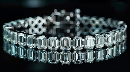 A diamond bracelet with multiple elongated diamonds set in a row on a black backdrop.