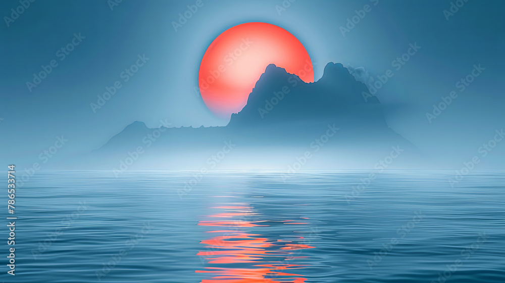 Wall mural a beautiful blue ocean with a red sun in the sky - Wall murals