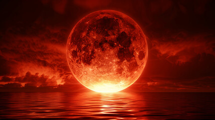 A large red moon is floating in the sky above a calm body of water