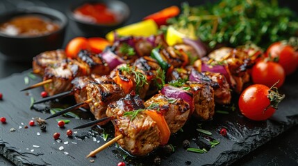 Kebab - delicious grilled meat and barbecue vegetables - obrazy, fototapety, plakaty