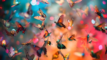 Mesmerizing Swarm of Colorful Butterflies in Blurred Natural Environment