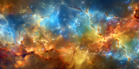 A colorful space scene with a yellow and orange cloud in the middle