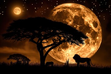 A lion is standing in front of a large moon