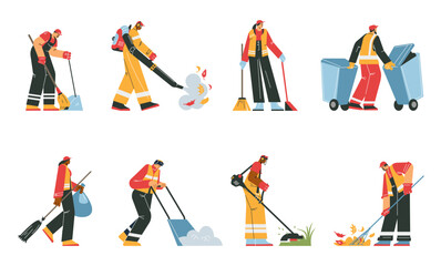 Fototapeta na wymiar Street cleaners and janitors in uniform vector set, cleaning and gathering garbage, mows grass, Street cleaning service