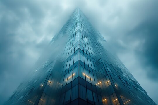 A towering glass building with sharp edges, captured from the bottom up in a wide angle perspective.