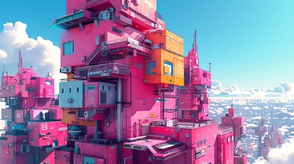 Capture the eerie beauty of dystopian architecture with a pop art twist! Show vibrant colors and angular buildings from unusual camera angles for a fresh perspective Digital Rendering Techniques, - obrazy, fototapety, plakaty