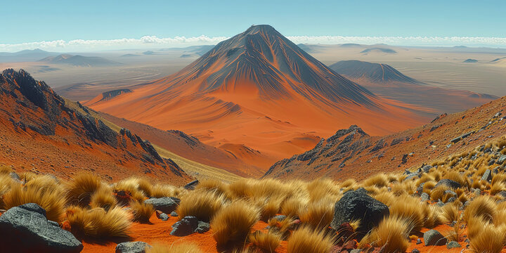 A desert landscape with a mountain in the background