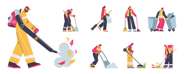 Street cleaning or garden maintenance set flat vector illustration isolated.