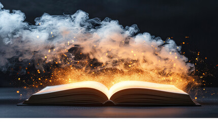 A book is open to a page with a lot of smoke and fire