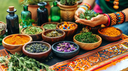 A woman is holding a bunch of herbs in her hand
