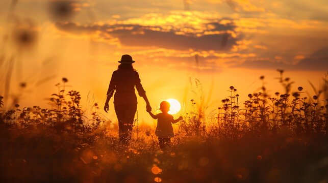 Silhouette of a mother and child holding hands at sunset A simple yet powerful image conveying love and connection Warm colors and a focus on the silhouettes against the sky