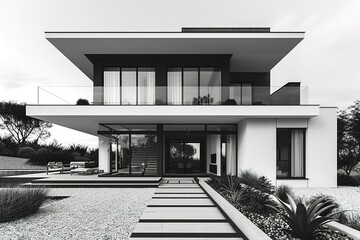 A simple black and white line drawing of the front view of two modern houses with flat roofs, one...